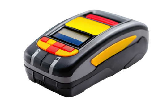 Sleek portable payment terminal vibrant yellow and red accents modern design secure transactions