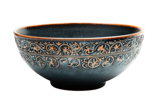 Elegant teal ceramic bowl intricate copper design artisan craftsmanship dark background studio shot