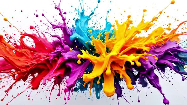 Vibrant paint splash, colorful explosion, dynamic abstract art, rainbow colors, splatter effect, high contrast, energy in motion, liquid paint, artistic chaos, multicolored burst, vivid pigments