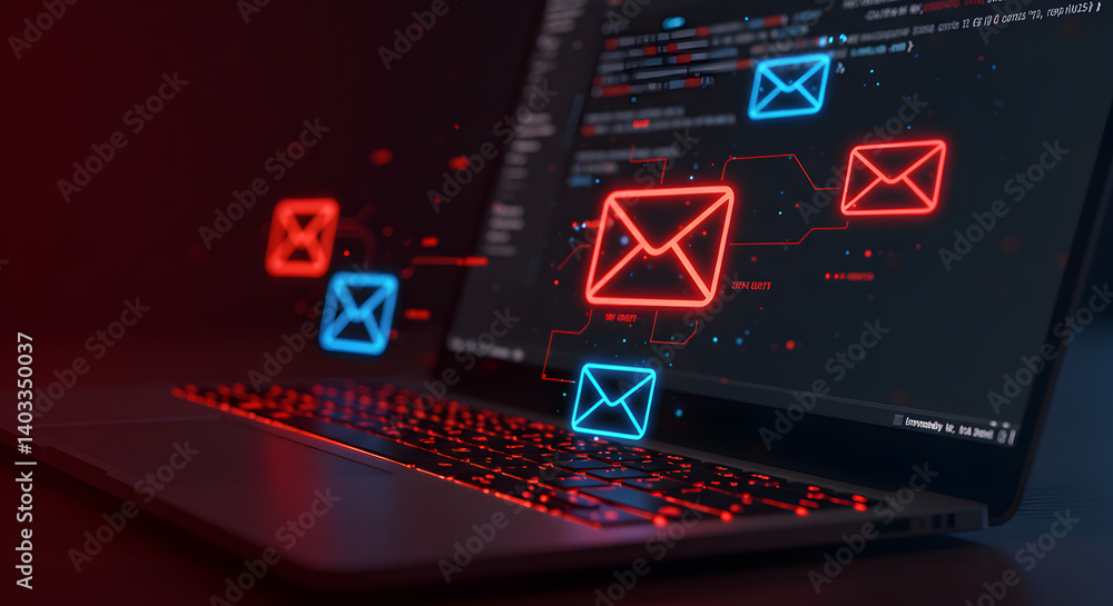 Poster laptop displaying glowing neon email icons and code with red and blue lighting emphasizing cyber sec