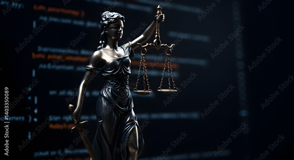 Aufkleber lady justice statue with scales and sword against a dark programming code background