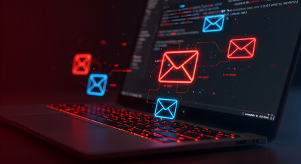 Laptop Displaying Glowing Neon Email Icons and Code with Red and Blue Lighting Emphasizing Cyber Security