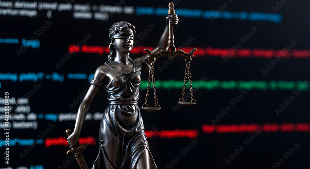 Aufkleber lady justice statue with scales and sword overlying binary code with teal and red highlighting