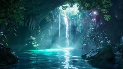 A magical hidden cave with a glowing waterfall flowing into a secret lagoon