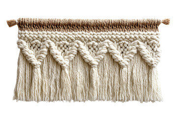 Elegant cream macrame wall hanging with brown jute top intricate knot design and long fringe tassels