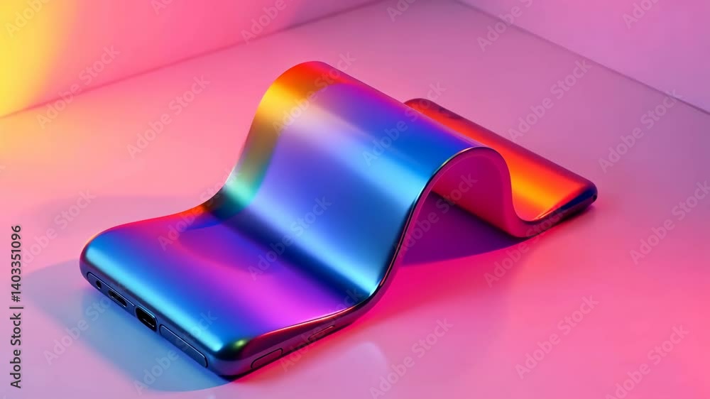 Poster iridescent morphing mobile device with flexible screen in vibrant light