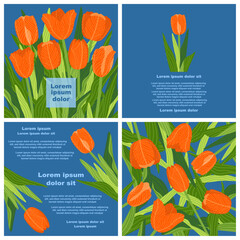 A graphic template consisting of 4 rectangular botanical illustrations with various colorful tulips with green leaves on a violet background. Perfect for creating postcards, invitations, and brochures