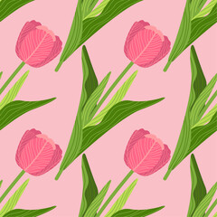 A floral seamless pattern featuring various colorful tulips with green leaves on a pink background. Geometric background pattern. Botanical design for print, wallpaper, textile, and wrapping paper.