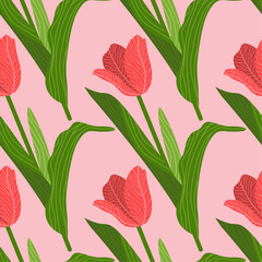 A floral seamless pattern featuring various colorful tulips with green leaves on a pink background. Geometric background pattern. Botanical design for print, wallpaper, textile, and wrapping paper.