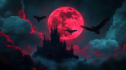 Bats flying red moon image