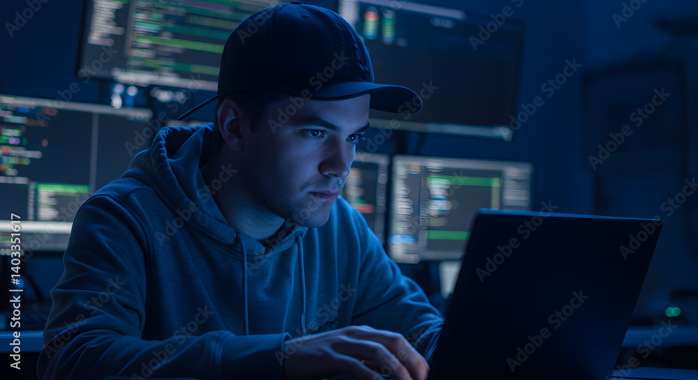 Poster intense hacker focused on laptop wearing hoodie and cap in dark room with multiple monitors showing 