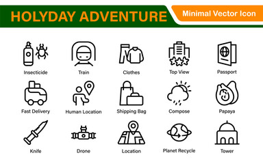 Adventure Icon Set. An exciting collection of icons that captures the spirit of exploration, perfect for travel apps, outdoor websites, and promotional materials for adventure and thrill-seeking.
