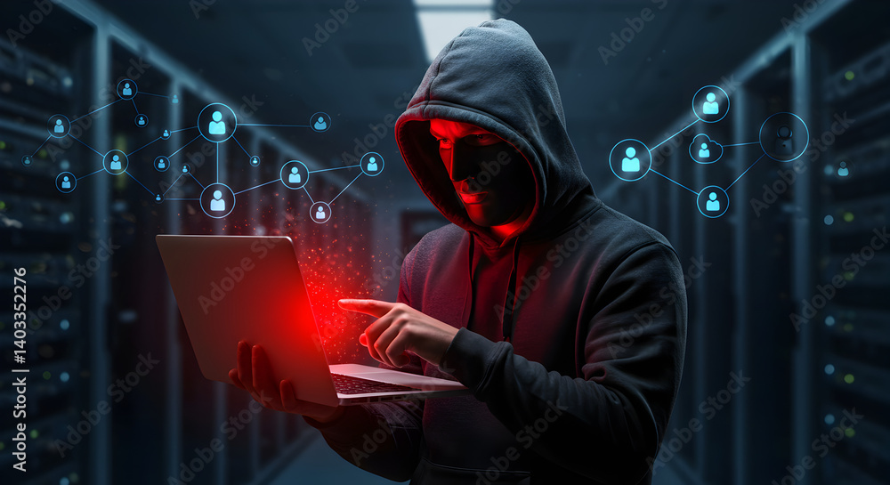 Poster hooded hacker with laptop and cybersecurity network in dark server room with red light