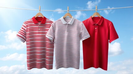Three red polo shirts hanging on a clothesline
