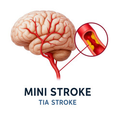 Mini stroke illustration showing brain with highlighted blood vessel blockage indicating TIA stroke