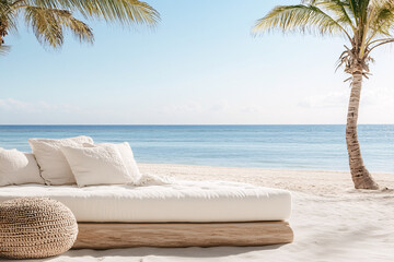 Luxurious Beach Daybed with Ocean View and Palm Trees
