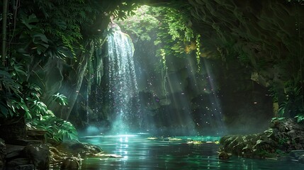 A magical hidden cave with a glowing waterfall flowing into a secret lagoon