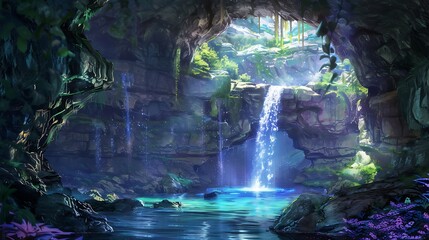 A magical hidden cave with a glowing waterfall flowing into a secret lagoon