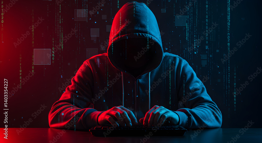 Poster hooded hacker typing on keyboard with red and blue lighting in a digital binary background