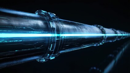 A glowing blue line running through a pipeline against a black background, futuristic digital style, neon accents, and abstract cyber aesthetics.