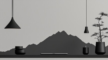 A minimalist black and white interior design scene featuring a black shelf, black vases, black lamp, black plant, and black phone.