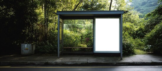 A bus-stop in a dense green forest with a blank billboard, natural daylight, paved road