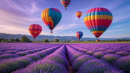 Fototapeta premium Colorful hot air balloons flying over blooming lavender field at sunset