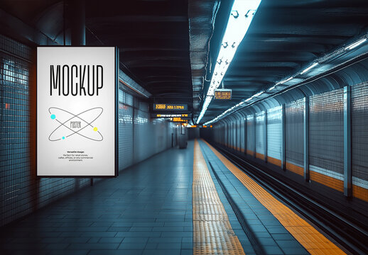 Modern Vertical Poster Mockup Display in Subway Station with Minimal Design &mdash; Perfect for Branding, Ads and Urban Presentations