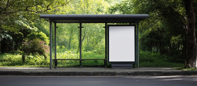 A bus-stop in a dense green forest with a blank billboard, natural daylight, paved road
