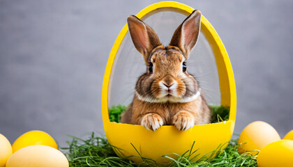 Easter bunny in a colored yellow egg.