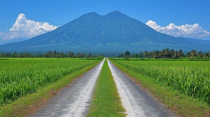 Serene Countryside Path with Majestic Mountain View
