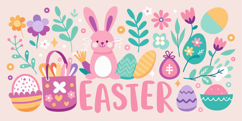 Fototapeta premium Colorful Easter Bunny with Eggs and Flowers – Cute Pastel Holiday Illustration