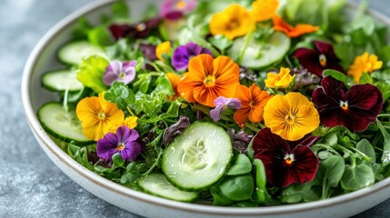 Vibrant salad with edible flowers and fresh vegetables