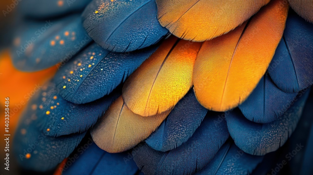 Poster vibrant plumage, intricate feather textures. close-up view of overlapping, colorful, feathers. spark