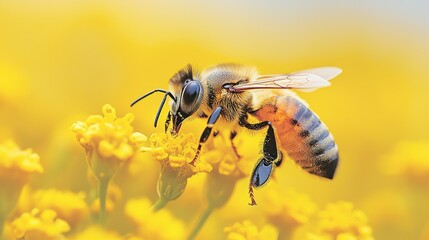 Honeybee on Yellow Flowers: A Close-Up