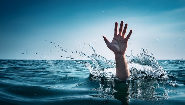 Emerging for Help: A lone hand reaches out from the turbulent sea, symbolizing the struggle for survival. The image evokes a sense of urgency and the need for immediate assistance.