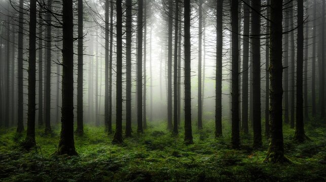 A forest of tall, thin trees with dark bark and green leaves.