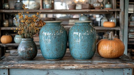 Autumnal Still Life with Teal Pottery and Pumpkins