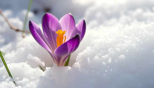 Purple Crocus Blooming In Snow - Powered by Adobe