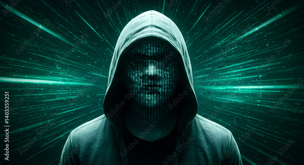 Poster hooded figure encrypted in digital code stealing cyber security information technology crime in dark