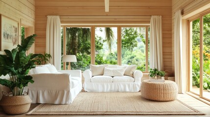 Fototapeta premium A cozy summer-inspired cabin interior with light wooden walls, white slipcovered furniture, woven rugs, and large open windows overlooking lush