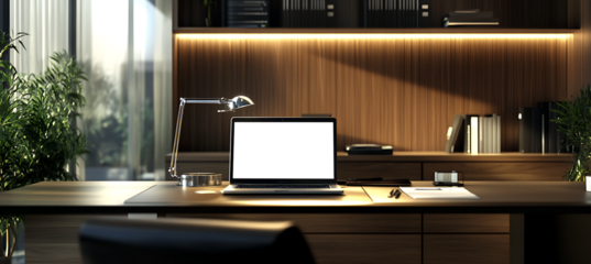 Laptop with Editable Transparent Screen on Table Inside Office Room Ideal for Brand Promotion or Website Display Mockups