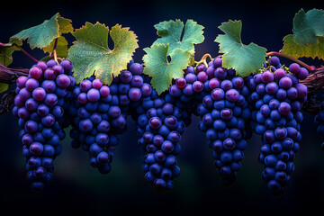 Autumn Vineyard with Ripe Dark Purple Wine Grapes on the Vine
