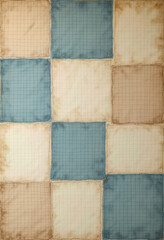 Fototapeta premium Experience the aged charm of a flat woven fabric, its patchwork squares in cool beige, blue, and cream hues creating a seamless and elegant pattern for design. 
