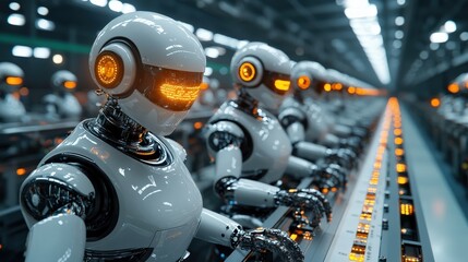 Fototapeta premium Futuristic robotics assembly line featuring humanoid robots working in unison in a high-tech factory