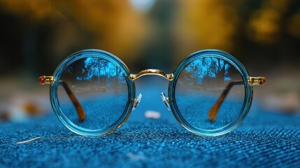 Blue Round Glasses Reflecting Autumnal Scene