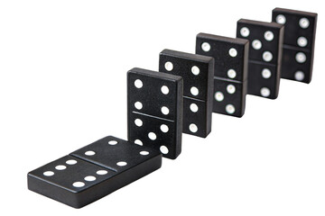 Falling dominoes in a row creating a chain reaction on a white background