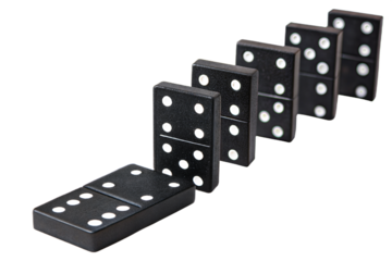 Falling dominoes in a row creating a chain reaction on a white background
