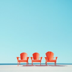 Tranquil Summer Escape: Three Orange Adirondack Chairs by the Ocean