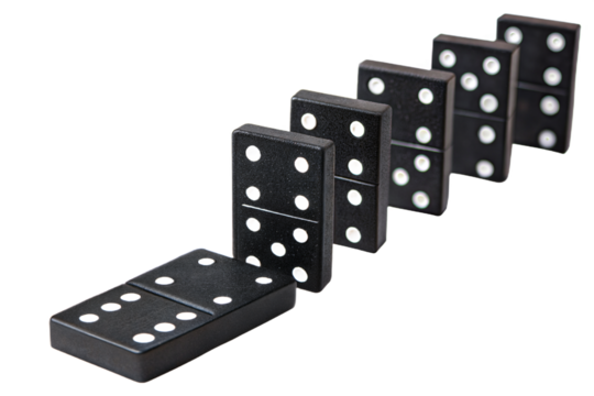 Falling dominoes in a row creating a chain reaction on a white background